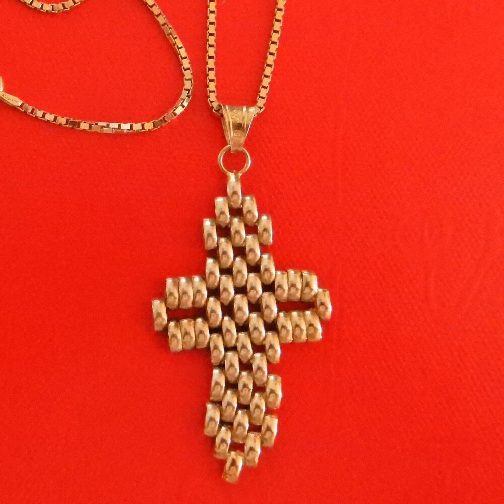 Vtg.925 Sterling Silver Gold Vermail Cross Italy Chain Mesh Style Rare